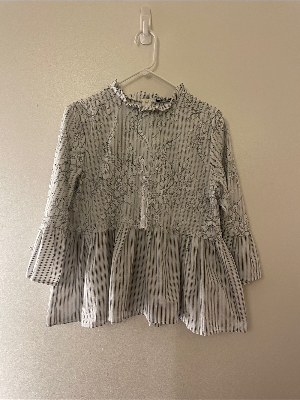 Striped Floral Peplum Blouse in Light Gray and White